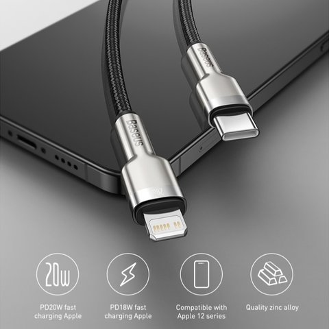 USB кабель Baseus Cafule Series Metal, USB тип-C, Lightning, 200 см, 20 Вт, чорний, в нейлоновому обплетенні, #CATLJK-B01 Прев'ю 2
