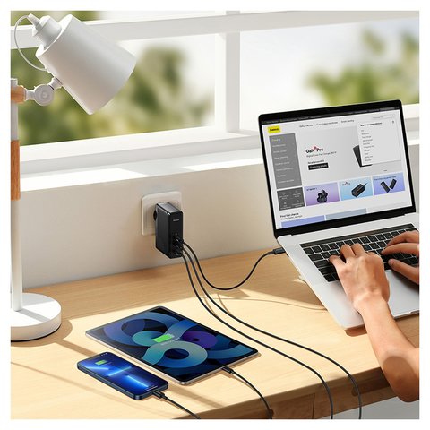 Mains Charger Baseus GaN5 Pro, (140 W, Quick Charge, black, with cable USB type C to USB type C, 3 outputs) #CCGP100201 Preview 1